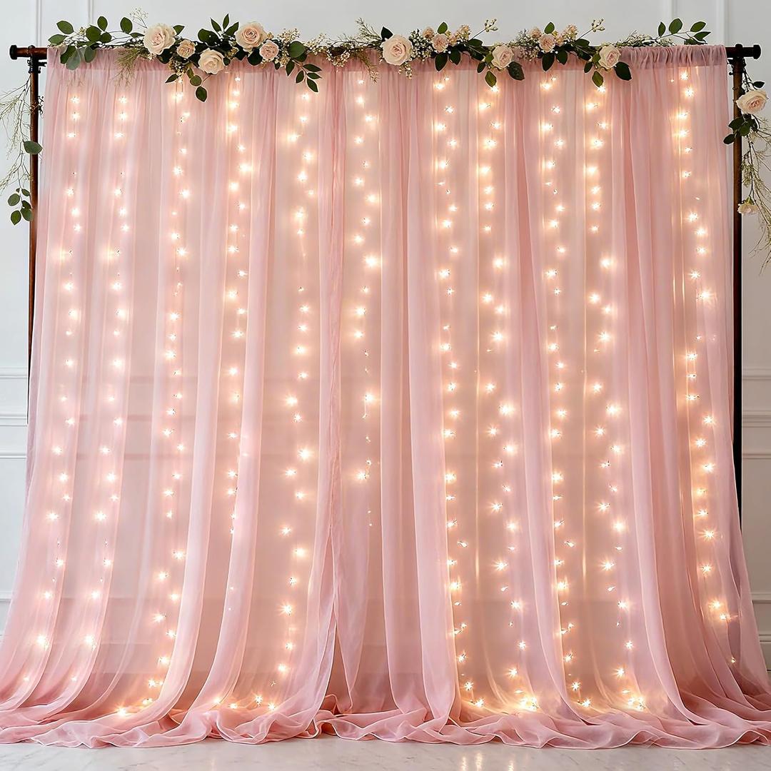 Ledido 10x8ft Pink Tulle Backdrop Curtains with Lights String - 300LED Fairy Lights Sheer Curtain Backdrop for Wedding Baby Shower Photo Shoot Birthday Party Decoration(2 Panels 5x8ft)Pink