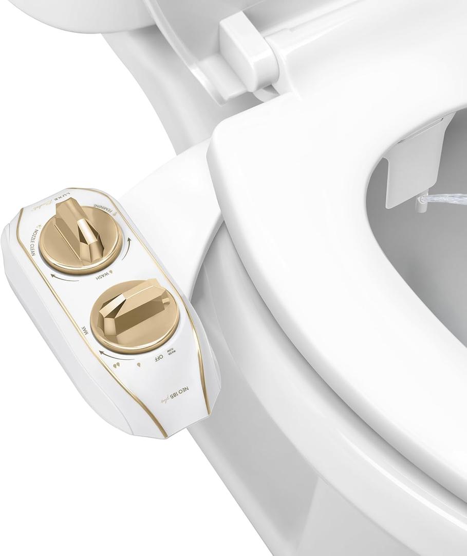 LUXE Bidet NEO 185 Plus - Dual Nozzle, Non-Electric Bidet Attachment for Toilet Seat, Patented Slide-In Install, 360 Self-Clean, EZ-Lift to Clean, Feminine & Rear Wash (Gold)