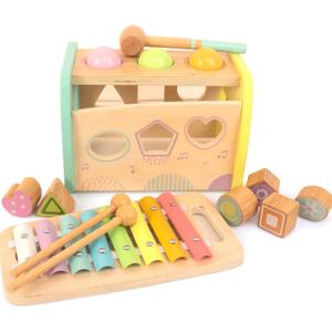 Hammering Pounding Toys Wooden Educational Toy Xylophone Shape Sorter, Birthday Gift for 3 Years Boys Girls Baby Toddler Kids Developmental Montessori Learning Toy (Yellow)