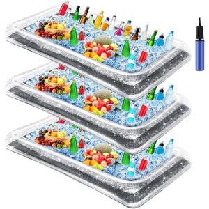 3 Pcs Inflatable Serving Bar Salad Ice Tray Food Drink Candy Buffet Containers Picnic Pool Inflatable Cooler with a Drain Plug and a Hand Pump, 53 x 23.6 x 4.7 Inch(Silver)