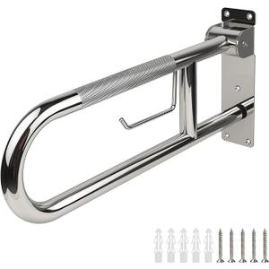 Handicap Grab Bar, 23.6 Inch Stainless Steel Toilet Safety Rails, Disabled Flip-Up Bathroom Grab Bars with Paper Holder, Anti-Slip Toilet Handrails Hand Grips Handicap Grab Bars for Elderly