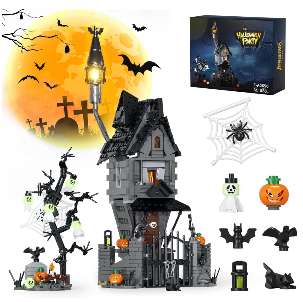 Halloween Haunted Mansion Building Set,Before Xmas Haunted House Building Blocks Set with Light, Glow-in-The-Dark Pumpkins and Skeleton Ghosts, Halloween Toys Gifts for Adults & Kids