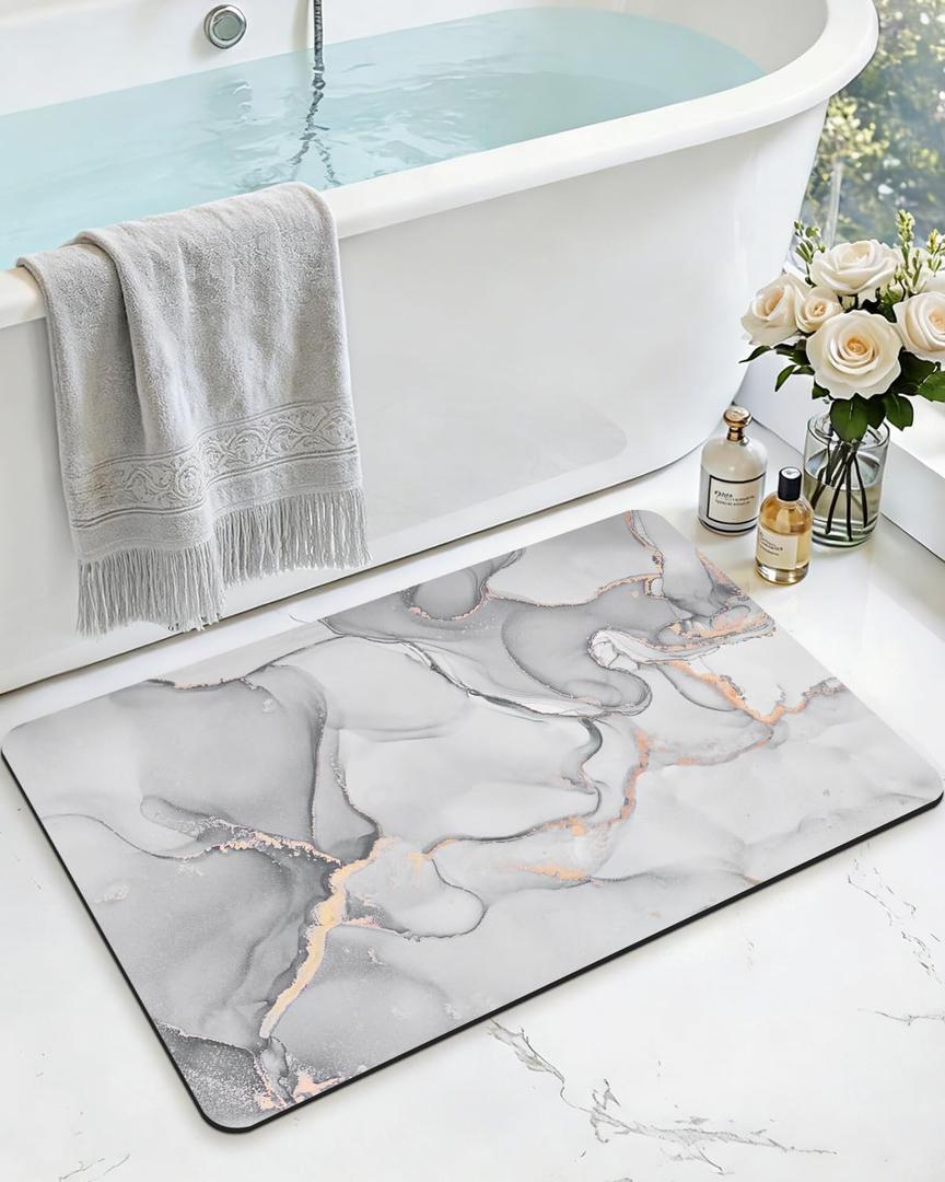 DEXI Bathroom Mat Ultra Thin, Non Slip Bath Rug for Shower Floor, Absorbent Quick Dry Marble Bathmats Low Profile, 16x24, Light Grey