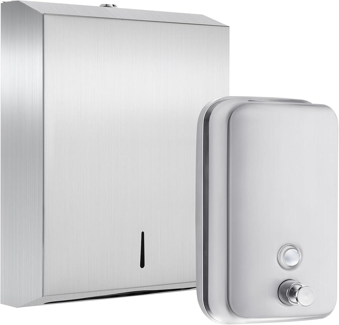 2 Pcs Washroom Solution Set Include 1 Stainless Steel Soap Dispenser Wall Mount and 1 Paper Towel Dispenser with Lock Manual Liquid Pump Rust Proof Leak Free for Commercial Home Bathroom