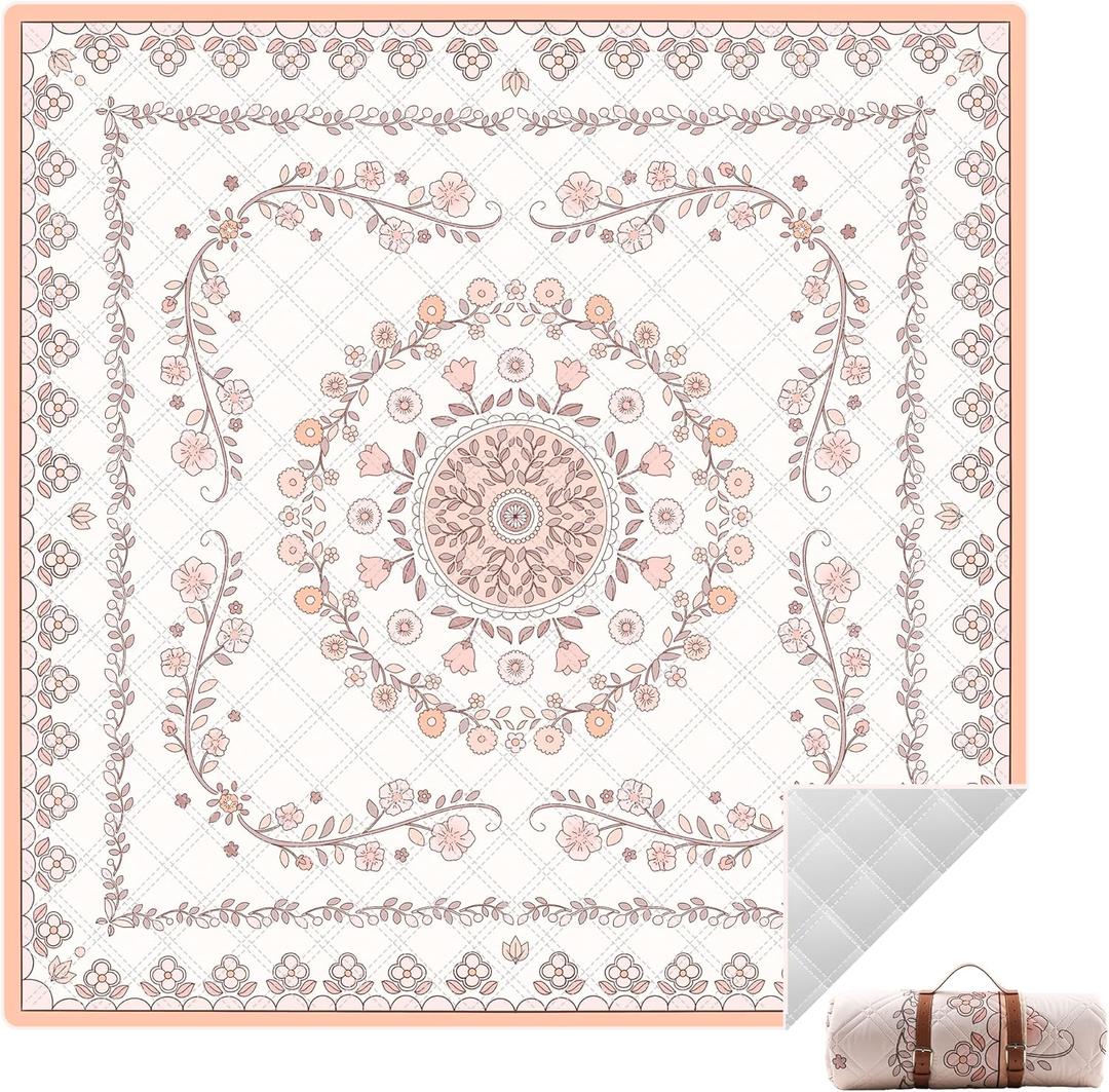Boho Picnic Mat, 79" x 79" Extra Large Outdoor Picnic Blanket, Washable Foldable Portable Blanket for Beach/Camping/Concerts (Pink)