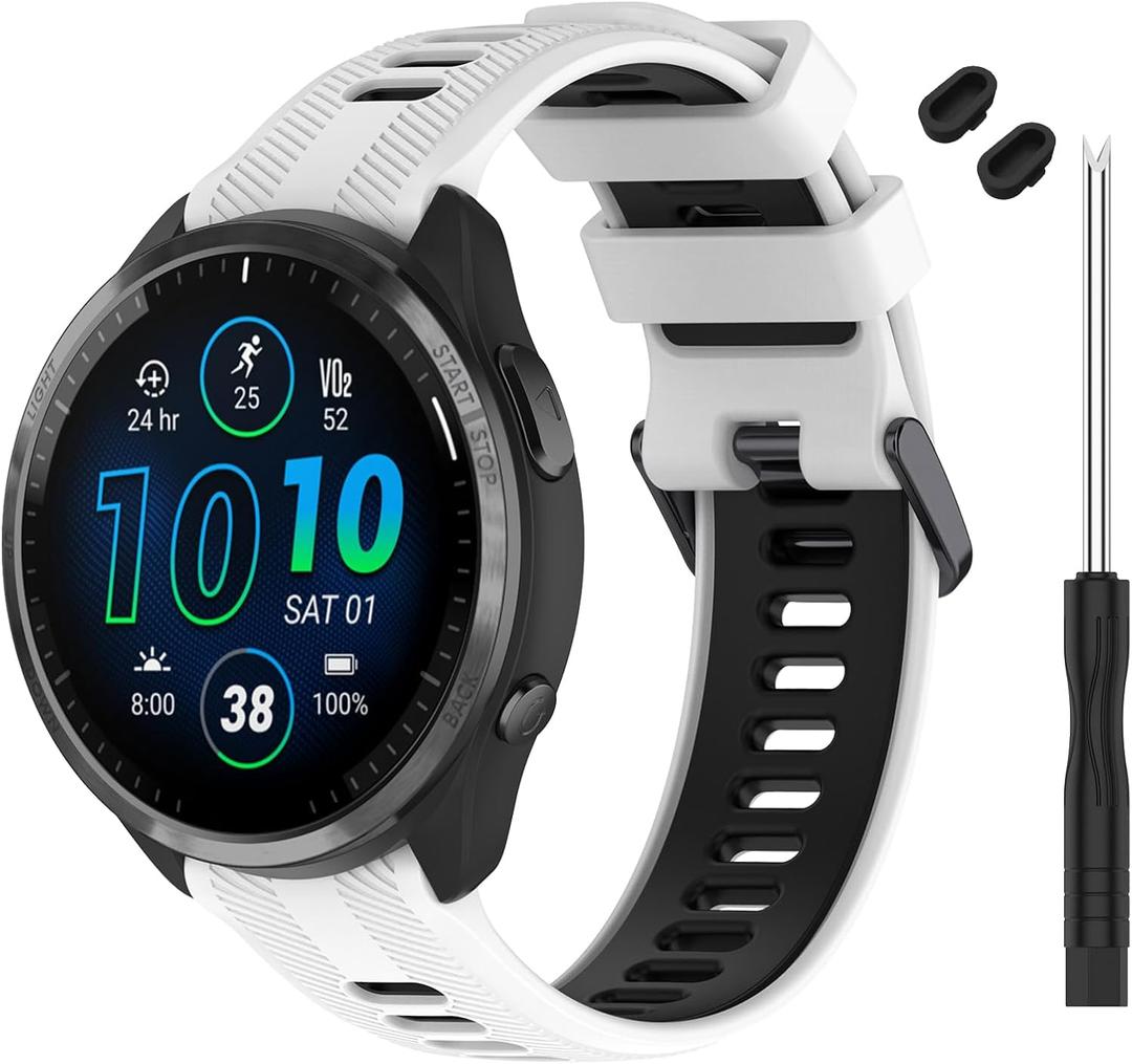 TopPerfekt Band Compatible with Garmin Forerunner 965 Watch - Soft Silicone Replacement Watch Band Strap for 965 Smart Watch for Women Men (White - Black)