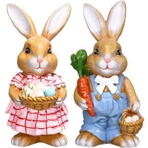 Moucuny 2 Pcs Easter Bunny Figurine Decor, Standing Spring Resin White Rabbit Couple Statue Tabletop Ornament, Festival Present for Garden Home Table Office Dining Room Mantle Party Supplies