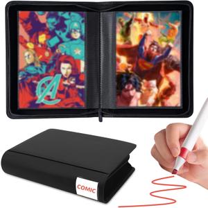 Comic Book Binder,40 Pockets Comic Book Storage Album for Current, Silver Age, Regular Comics PU Leather Comics Binder with 20 Heavyweight Sleeves, Gift for Comic Collectors