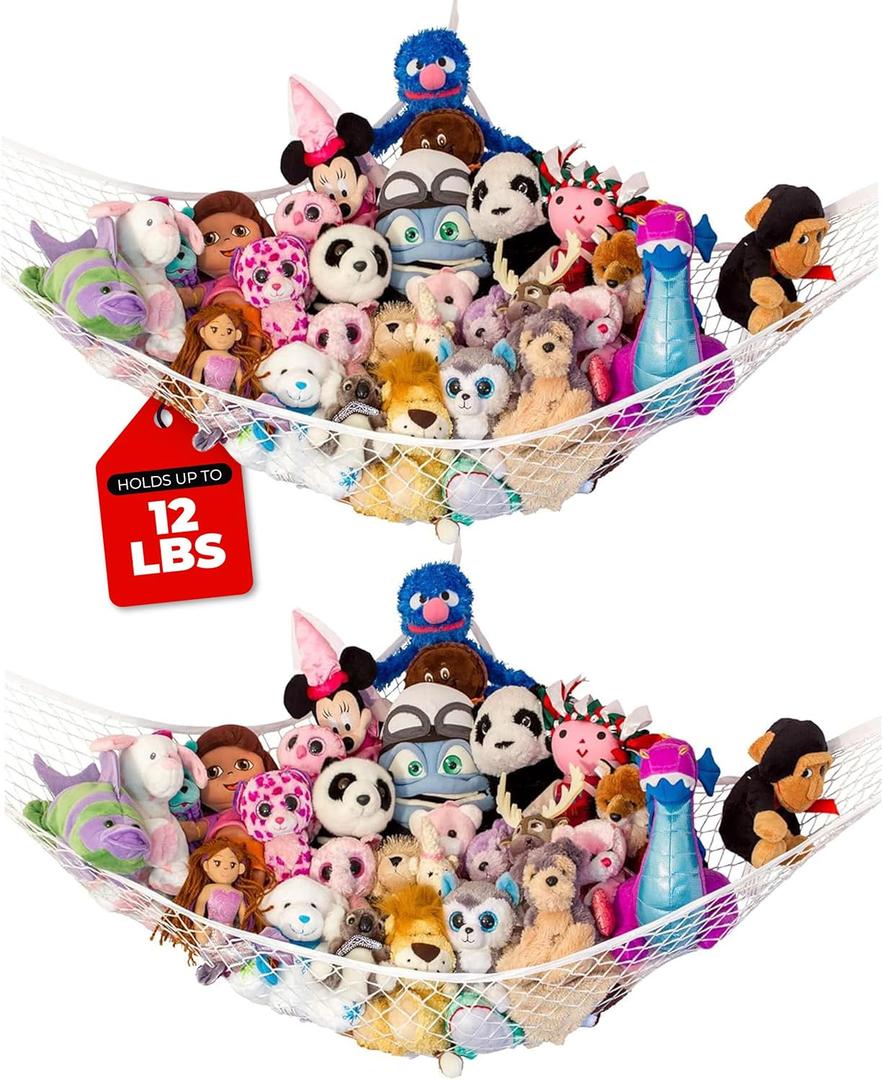 Lilly's Love Stuffed Animal Hammock | Corner Hanging Organizer, Toy Storage, Stuffed Animal Storage Net | Made from Quality Fishing Net, Holds 12lbs | 67"x47"x47" (White, 2 Pack)