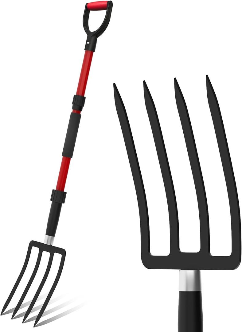 COSITA Pitch Fork for Garden, 44-Inches Pitchfork with Fiberglass Handle, Gardening Spading Fork with 4 Metal Tines, Heavy Duty Pitchfork for Manure, Mulch, Digging, Aeration, Red