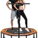 Cloris 50inch Mini Trampoline with Adjustable Handle Bar Fitness Trampoline Bungee Rebounder Jumping Cardio Trainer Workout for Adults, Max Load 450lbs with 5 Hights Adjustable Foam Handle, Black/Orange