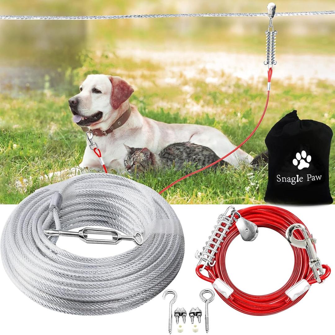 Dog Tie Out Runner for Yard,Trolley System for Large Dogs,Heavy Duty Dog Run Cable Lead 50ft with 10ft Pulley Runner Line for Small Medium and Large Dogs Up to 125lbs Running Outside Yard or Camping