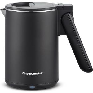 Elite Gourmet Dual Voltage 120-230V, Travel Double Wall Insulated Cool-Touch, 0.6L Electric Kettle Stainless Steel Interior, Hinged-Locking Lid, Auto Shut-Off, Boil Dry Protection, Black