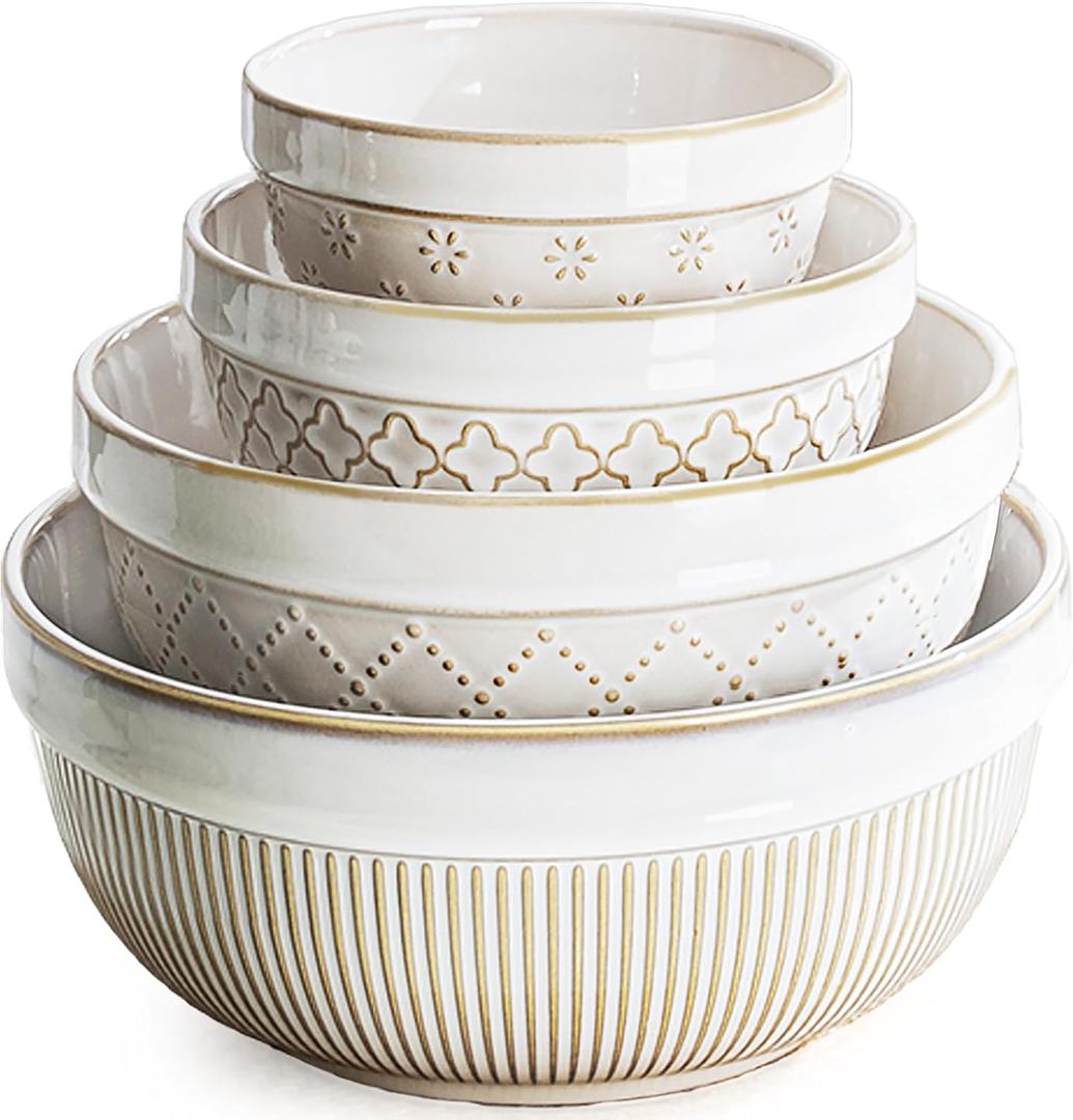 getstar Large Serving Bowls Set of 4, 12/26/42/64 oz Ceramic Stoneware Nesting Bowls Set, Microwave and Dishwasher Safe, Farmhouse Kitchen Versatile Prep Bowls for Fruit Salad Pasta Dessert Cereal (8"+7"+6"+4.5")