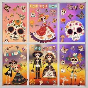 5 x Dia de Los Muertos Decorations, Day of The Dead Window Clings, Halloween Window Stickers, Mexican Fiesta Party Decor, Sugar Skull Skeleton Musical Decals, 9 Sheets