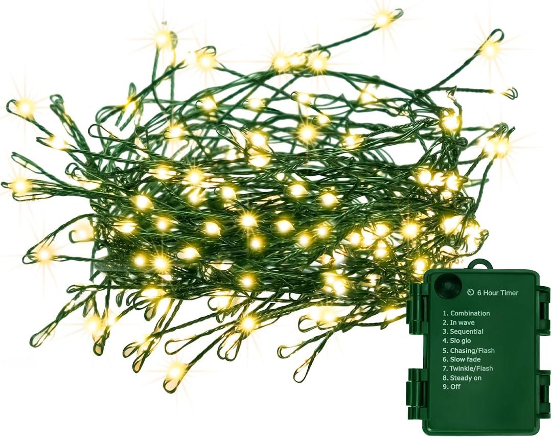 Battery Operated Christmas Cluster Lights, 20FT 200 Micro LED Fairy Lights with 8 Modes and Auto Timer, Green Copper Wire for Indoor Outdoor Christmas Tree Wreath Garland Garden Party,Warm White