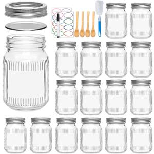 16oz Mason Jars with Lids,Canning Jars, Glass Jars,DIY Crafts for Food Storage,Overnight Oats, Pantry Organization, with Sponge Brush, Labels & Marker,16 Pack