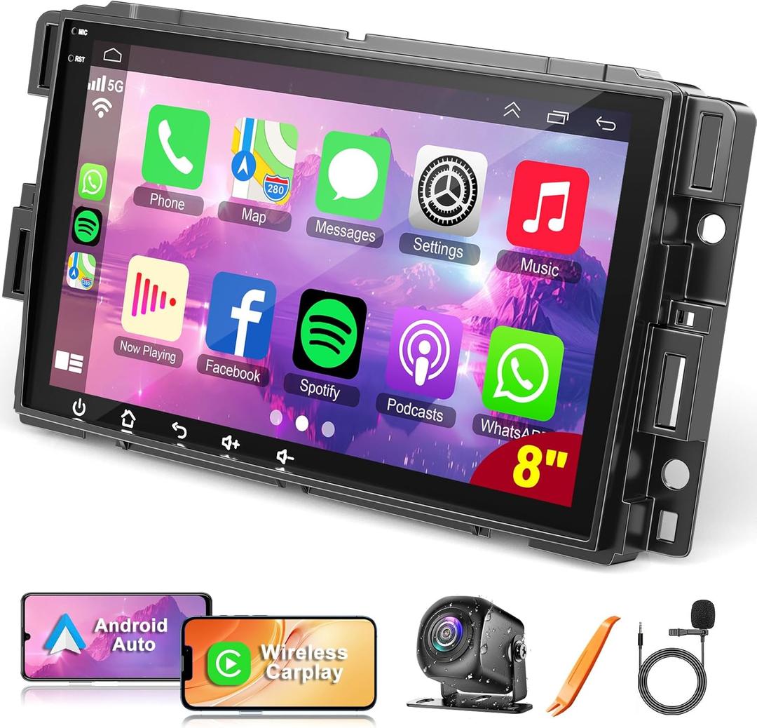 4+64 Car Stereo for 2007-2012 Chevrolet Chevy Silverado Impala GMC Sierra Acadia Enclave Yukon, 8" IPS Touch Screen Car Radio with GPS Wireless&Wired CarPlay/Android Auto, Backup Camera/DSP/SWC