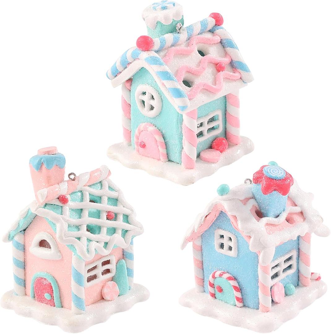 3Pcs Pastel Candy House Christmas Tree Ornaments with Lighted LED, Clay Gingerbread House Hanging Ornaments with Rope for Xmas Tree Holiday Party Home Decoration