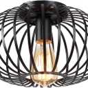 Industrial Semi-Flush Mount Ceiling Light,Black Metal Cage Ceiling Light Fixture for Kitchen,Bedroom,Hallway,Entryway,Dining Room,Farmhouse Lighting