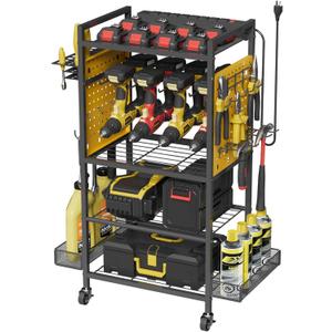 Power Tool Organizer Cart with Charging Station, Heavy Duty Garage Tool Organizer Rolling Tool Battery Storage with 8-Outlet Power Strip, 4 Wheels, 2 Hanging Baskets, 8 Hooks, Drill Bit Holder, Yellow (Large)