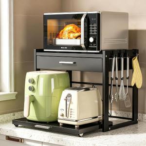 Microwave Stand with Pull-Out Drawer, 4 Hooks, Adjustable Shelf | 3-Level Height Adjustment, Carbon Steel Build, Fits Microwaves, Coffee Makers & Toasters With Ease In Smaller Kitchens, Black