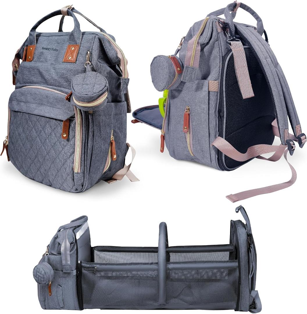 SNUGGY BABY Diaper Bag with Changing Station, Diaper Backpack with Changing Pad, Portable Diaper Organizer, Insulated Bottle Holders, Large Capacity, Water-resistant Travel Bag (Gray), Medium