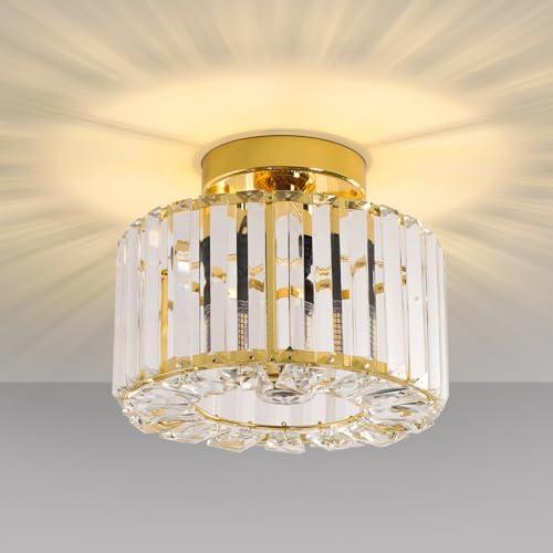 FRIDEKO HOME Crystal Ceiling Light - Gold Small Chandelier Semi Flush Mount Ceiling Light Fixture Modern Lights for Hallway Bathroom Kitchen Entryway (9.05 Inch, Bulb not Included)