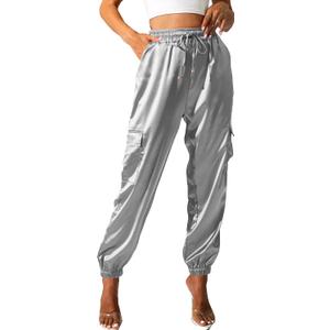 Women's Satin Cargo Joggers Pants Dressy Casual Silky Elastic High Waist Trousers (S)