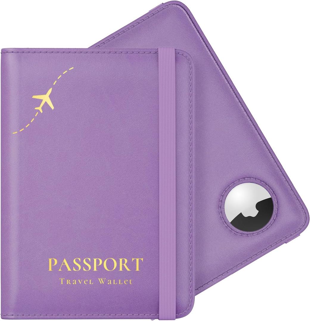 Stouchi AirTag Passport Holder, Anti-Lost Passport Holder with Airtag Slot, Passport Wallet Cover with RFID Blocking, Leather Passport Case Travel Accessories for Women, Purple