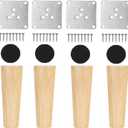 Set of 4 Nature Wood Furniture Leg, 8 Inch Round Sofa Feet Replacement Legs, Chair Bed Closet Cabinet Furniture Feet with Metal Mounting Plates,Screws, Floor Protector Pads for Table Couch
