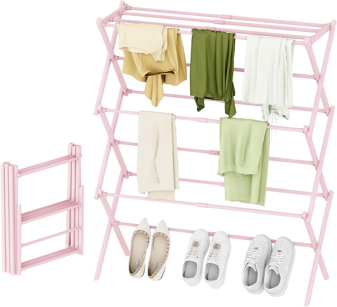 STARLATTA Foldable Drying Rack Clothing, 3-Tier Portable Clothes Drying Racks for Indoor & Outdoor, Anti-Rust Compact Laundry Rack Collapsible, Pink 28" D x 10" W x 35" H
