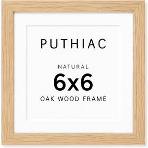 puthiac 6x6 Solid Oak Wood Picture Frame, Fits 4x4 with Mat or 6x6 Without Mat, Wall or Tabletop Display with Stand, Plexi Front, 1 Pack, Natural Oak