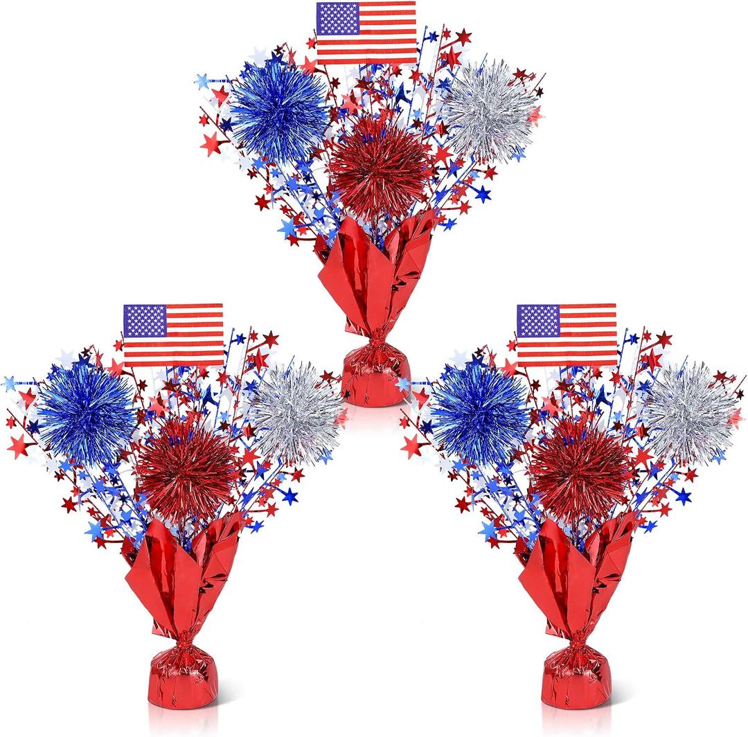 3 Pcs 4th of July Table Decorations, Red White Blue Patriotic Memorial Day Decorations Metallic Foil Spray Star Centerpieces for Table Home Office 250th Anniversary Independence Day American Decor | No Diy Tabletop Decor