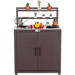 Garden Potting Bench with Storage Cabinet,Outdoor Gardening Table & Work Bench for Plants, Horticulture,Outdoor Workstation with Stainless Steel Tabletop,Outdoor Work Table with Elevated Rack (Large, Brown)