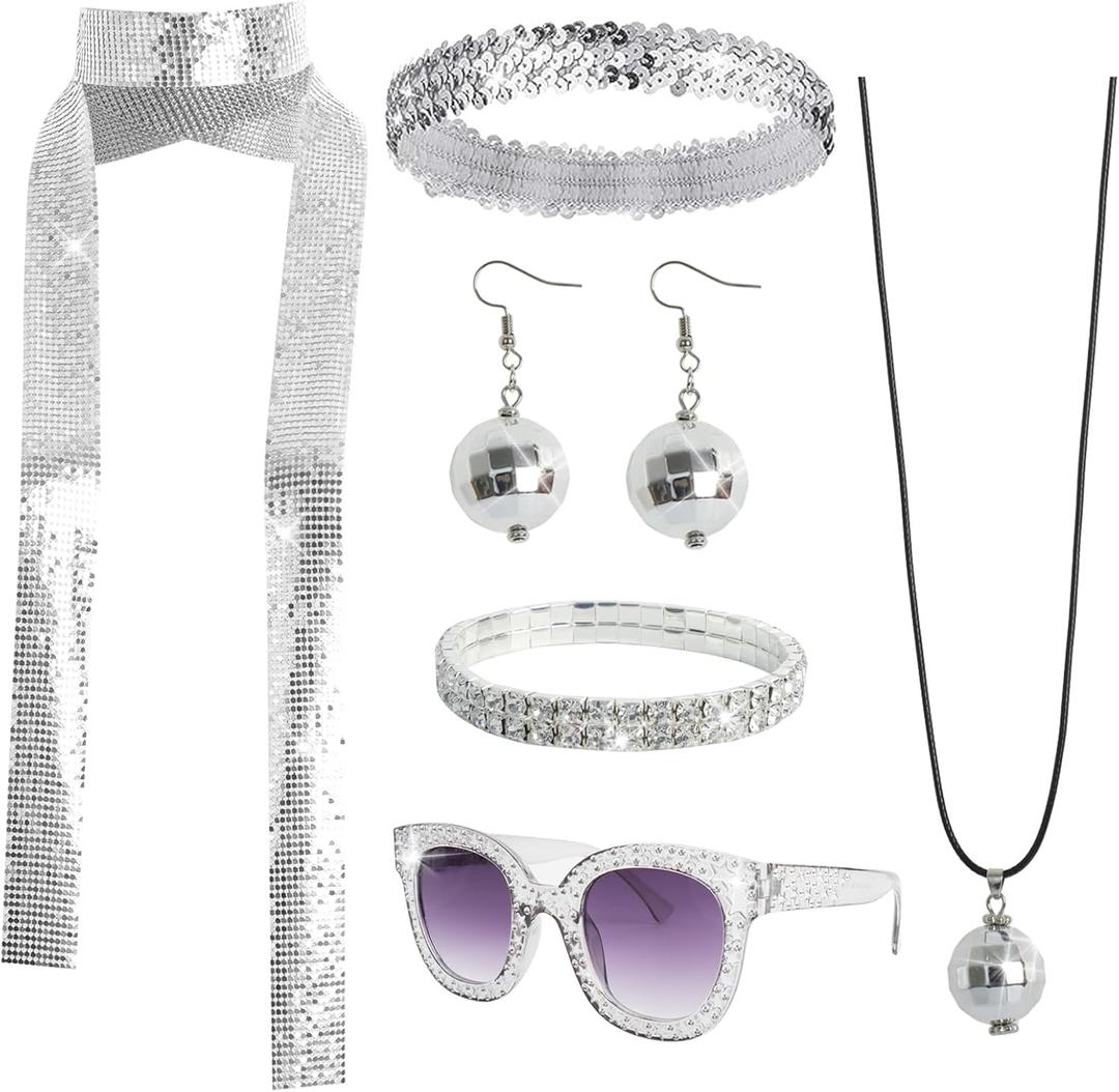 6 Pcs 70s Women Disco Accessories Disco Costume Disco Sequin Scarf Headband Diamond Bracelet Ball Necklace Earring Glasses (Sliver)