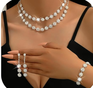 HUASAI Silver Wedding Jewelry Sets for Brides Rhinestone Necklace Earrings Bracelet Set Bridal Costume Jewelry for Women Formal Wedding Guest Dress Accessories Prom Party Outfits