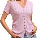 Messic Womens Short Sleeve Sweaters V Neck Casual Summer Knit Pullover Tops (Pink, L)