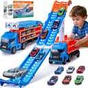 Race Track Truck Toys for 3 4 5 6 Years Old Kids - Carrier Truck Transport Car with 6 Die-Cast Cars Toys, 4-in-1 Truck with 2 Foldable Race Tracks, Christmas Birthday Gifts Toy for Toddler Boys, Blue