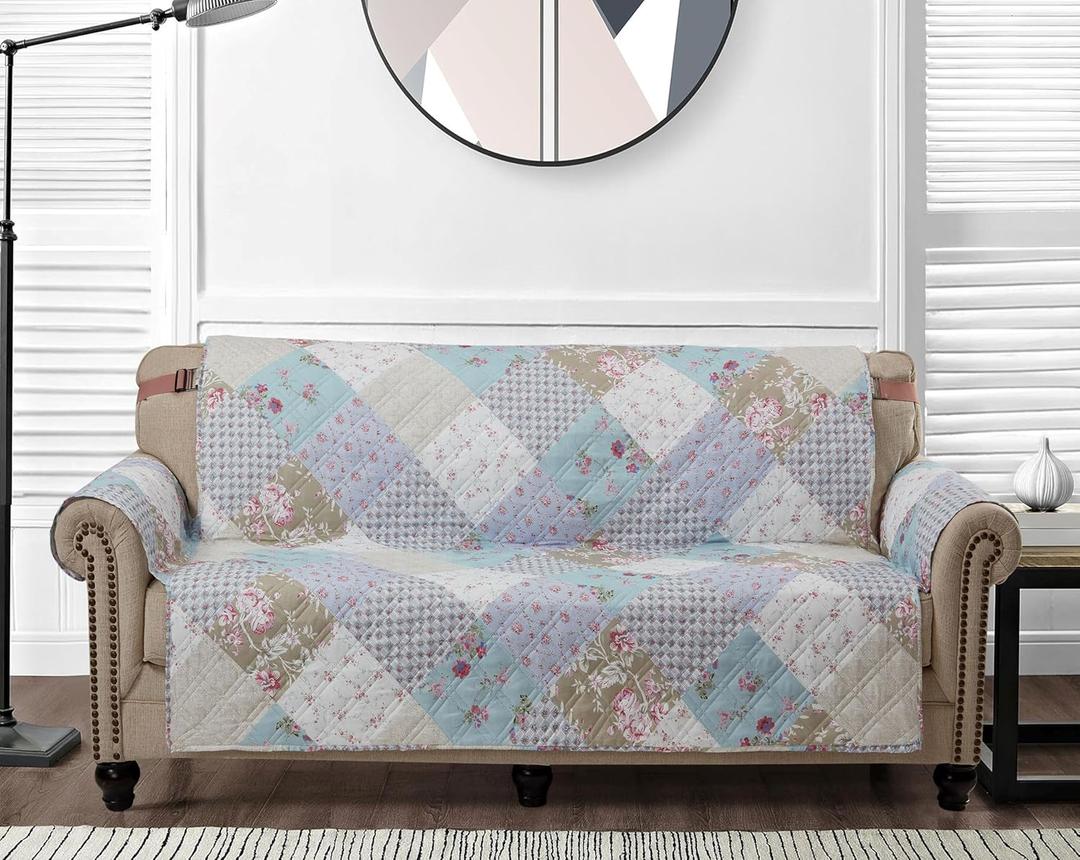 Brilliant Sunshine Blue and Green Rose Patchwork Couch Cover, Quilted Large Sofa Slipcover, 70" Seat Width, Slip Resistant Furniture Protector, 2" Strap, Washable Couch Cover for Kids, Dogs,Blue Green