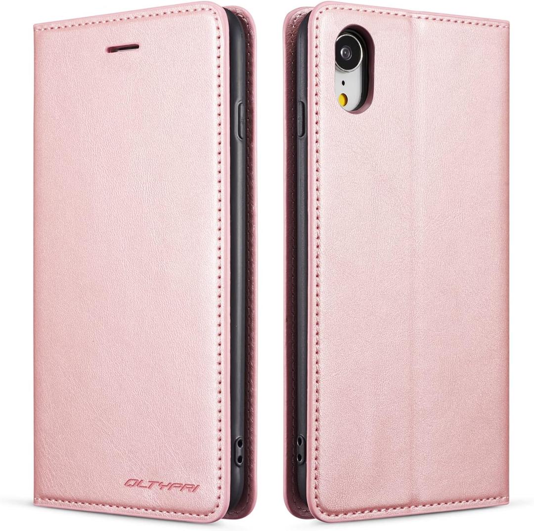 QLTYPRI for iPhone XR Case, Premium PU Leather Cover TPU Bumper with Card Holder Kickstand Hidden Magnetic Adsorption Shockproof Flip Folio Wallet Case for iPhone XR (6.1 inch) - Rose Gold
