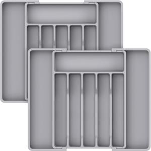 Lifewit Silverware Drawer Organizer, Expandable Utensil Tray for Kitchen, BPA Free Flatware and Cutlery Holder, Adjustable Plastic Storage for Spoons Forks Knives, 2 Pack, Grey (Gray)