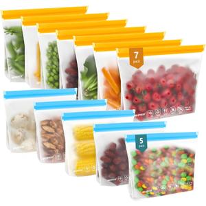IDEATECH 12Pack Reusable Food Storage Bags Dishwasher Safe,Leakproof Gallon Freezer Bags, BPA Free Quart Sandwich Size Silicone Reusable Baggies for Marinate Meats,Travel(7Gallon 5Quart, Colored) (Multicolor)