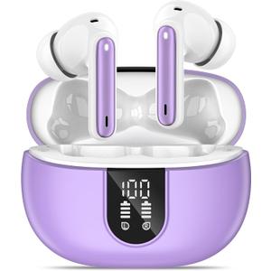 Wireless Earbuds, Bluetooth 5.3 Headphones 40Hrs Playtime Deep Bass Stereo, LED Power Display, Call Noise Canceling Headphones with Mic, IP7 Waterproof Earphones for iOS Android, Purple