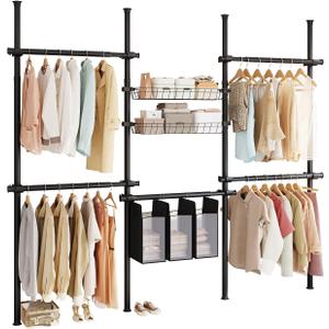 Floor-to-Ceiling Clothes Rack with 2 Storage Baskets and 3 Laundry Hampers, Black