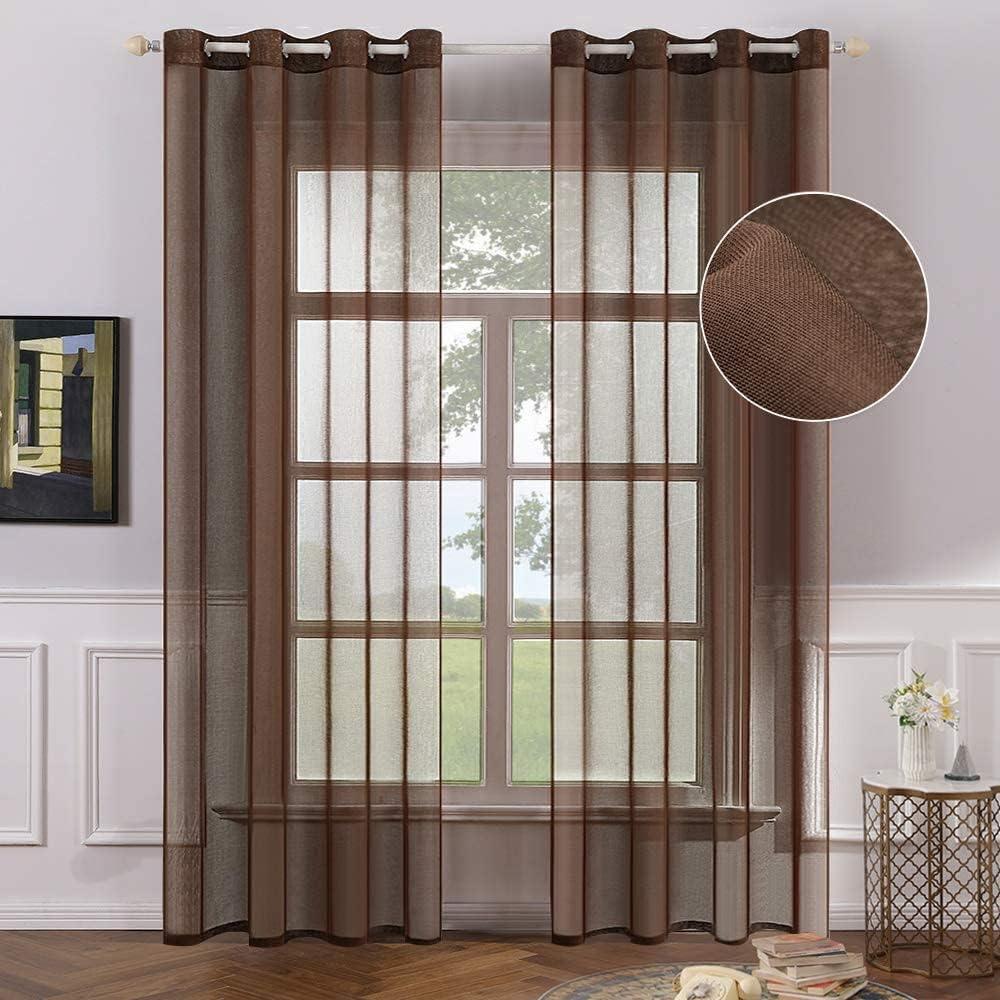 MIULEE 2 Panels Chocolate Brown Sheer Window Curtains Elegant Grommet Top Window Voile Drapes/Treatment Linen Textured Panels for Bedroom Living Room (54X84 Inches Dark Brown)