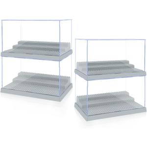 4 Pack Display Case for Minifigure Action Figures Blocks, Acrylic Minifigure Display Case Box Storage with 3 Movable Steps Gift for Kids Adults (Grey)