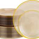 Morejoy 100Pcs Brown Plastic Plates, Clear Coffe Disposable Plates With Gold Rim,Heavy-Duty Brown Plates, Gold Dinnerware Set Include 50 Dessert-plates,50 Dinner-plates for Party & Christmas