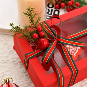 TIMBLESSING 7 Pack Christmas Gift Boxes with Clear Window, Red Christmas Gift Boxes with Ribbon, Pine Sprigs & Berry Decorations for Holiday Wrapping, 8.7x5.9x2.8 Inch (RED)