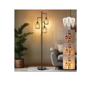 ROTTOGOON Dimmable Boho Floor Lamp - 3 Light Farmhouse Rattan Floor Lamp for Living Room, Industrial Tree Floor Lamps with 3 X 6W LED Bulbs, Rustic Standing Tall Lamp for Bedroom, Office, 68", Black